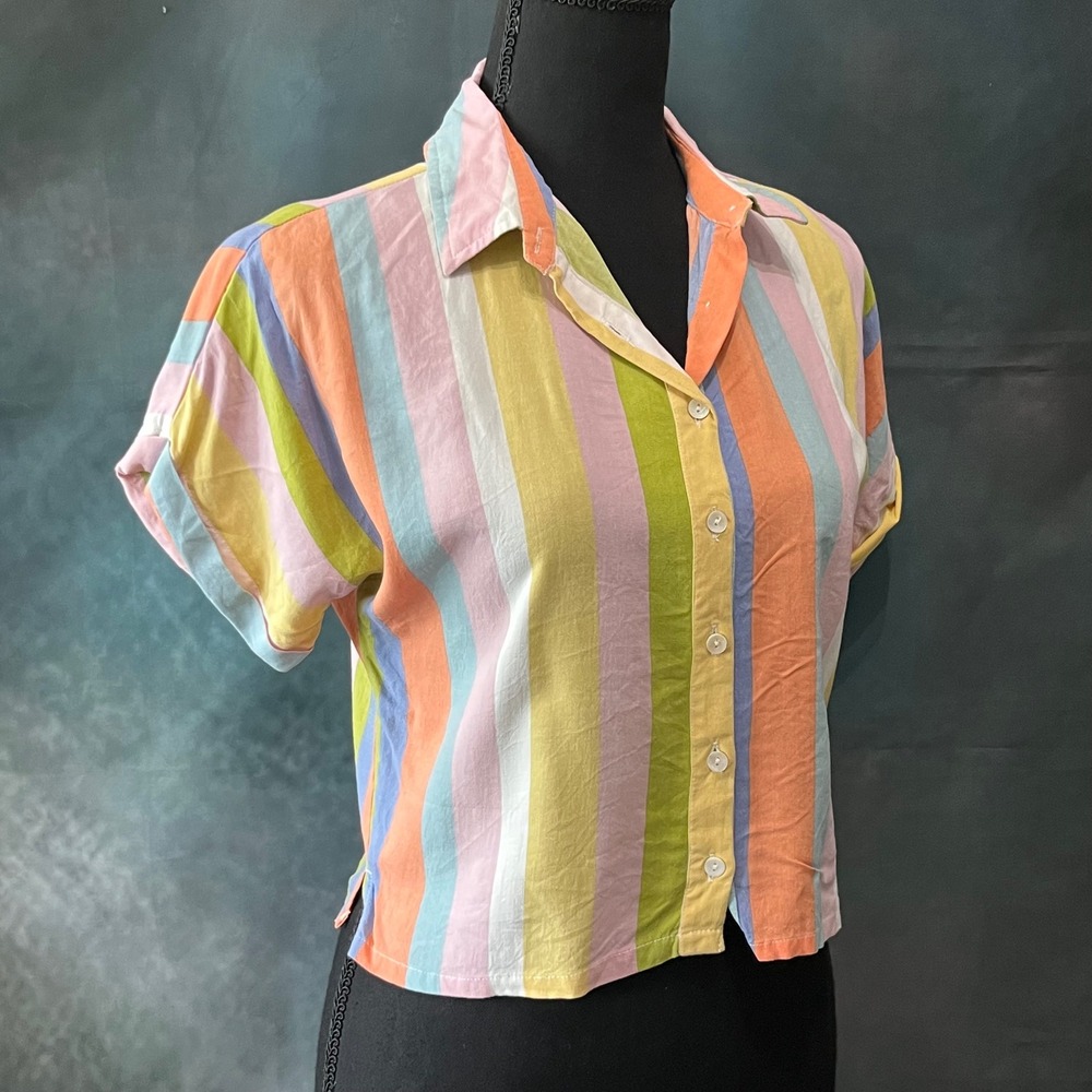 Ginger Womens Pastel Rainbow Striped Button Down Short Sleeve Cropped Shirt S - Picture 3 of 7